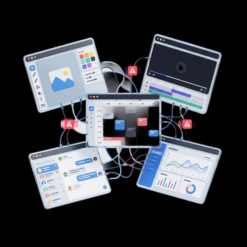 Five disconnected creator tools in a jumble — image editor, video editor, scheduler, DM inbox, and analytics